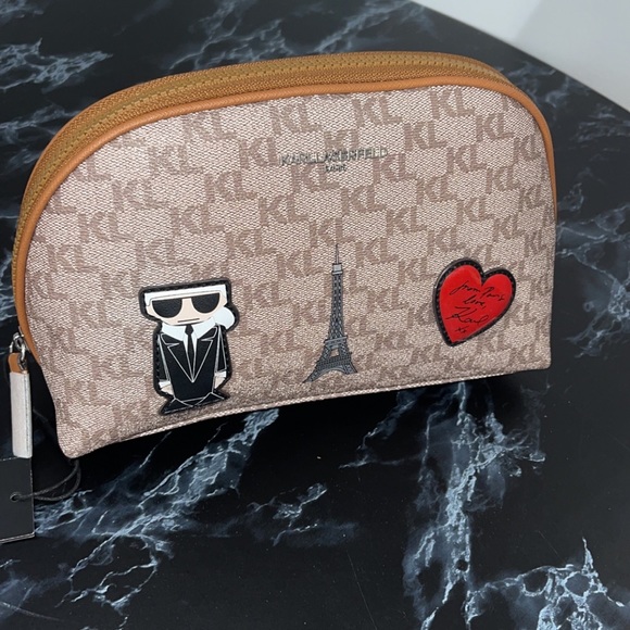 Karl Lagerfeld Bags Karl Lagerfeld Paris Almond Logo Dome Cosmetic Bag Brown Tan Authentic
